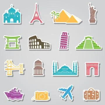 Landmarks stickers on grey background Illustrazione stock