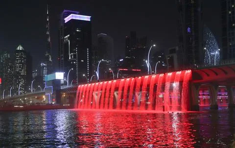 Landmarks in the UAE are colored in red in support of Emirates Mars Mission, Dub Stock Photos