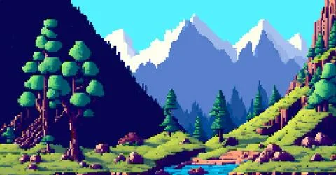 Landscape 8-bit pixel art. Summer natural landscape mountain scenery game Stock Illustration