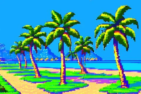 Landscape 8bit pixel art. Summer natural landscape. Summer ocean beach 스톡 일러스트