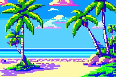 Landscape 8bit pixel art. Summer natural landscape. Summer ocean beach イラスト素材