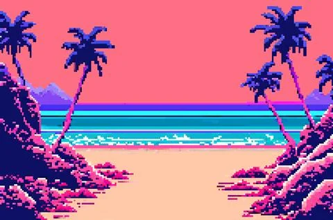 Landscape 8bit pixel art. Summer natural landscape. Summer ocean beach 스톡 일러스트