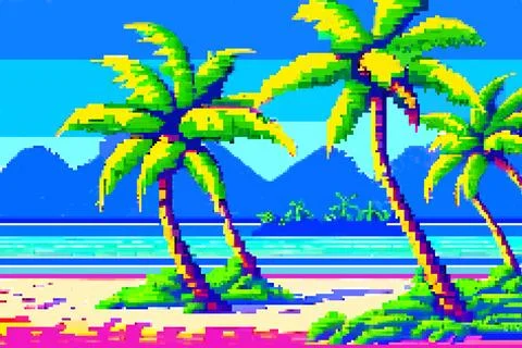 Landscape 8bit pixel art. Summer natural landscape. Summer ocean beach 스톡 일러스트