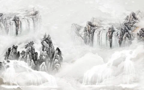 Landscape abstract background, clouds, sea, waterfalls Illustrazione stock