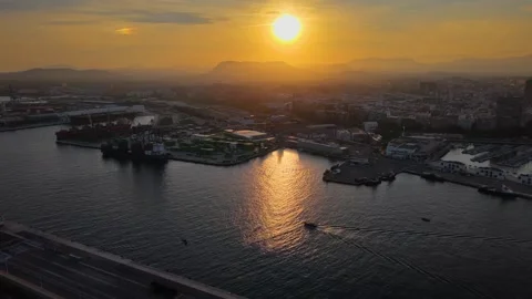 Landscape Aerial view of sunset y Skyline of Alicante and Port , Spain Stock Footage 344054763