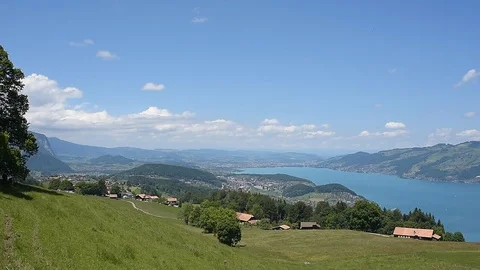 Landscape in Aeschi bei Spiez with a view of Lake Thun Stock Footage