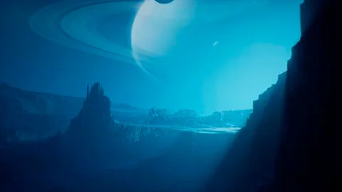 Landscape of an amazing alien unknown planet in far space. 3D Rendering. Stock Illustration