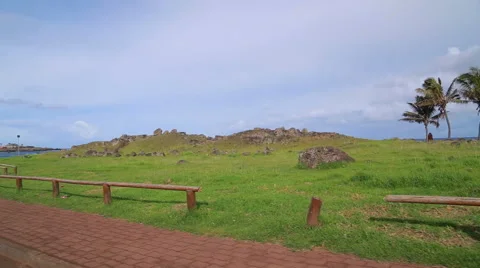 Landscape of the amazing Easter Island and Pacific Ocean, Chile Stock Footage 64874036
