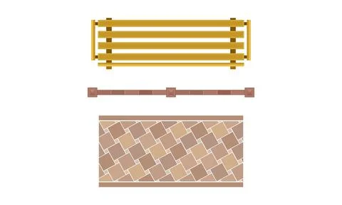 Landscape and Garden Design Elements with Wooden Bench and Flagstone Pavement or Stock Illustration