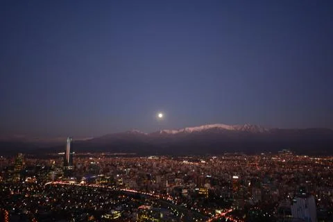 Landscape and moonrise at Mount Andes in Santiago, Chile Stock Photos