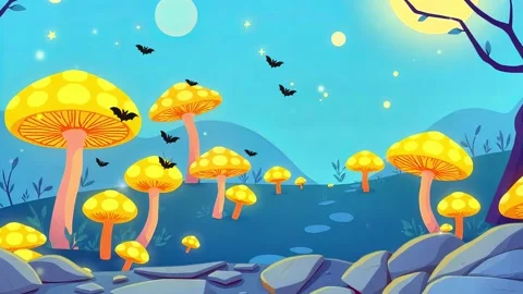 Landscape: Animated Scene Featuring Mushroom Trees in sky Blue Tones and Deer i Video stock 307473357