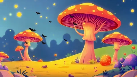Landscape: Animated Scene Featuring Mushroom Trees , moon and bats with light Y Stock Footage 307473416