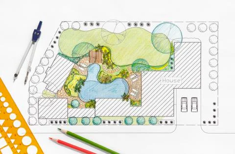 Landscape architect design backyard plan for villa Stock Photos