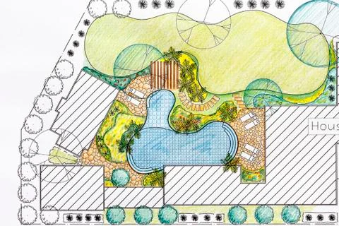 Landscape architect design backyard plan for villa Stock Photos