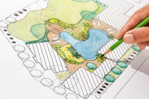 Landscape architect design backyard plan for villa Stock Photos