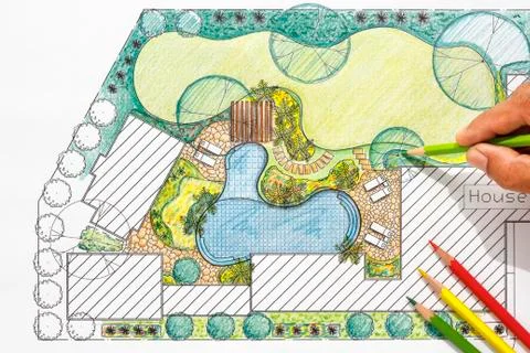 Landscape architect design backyard plan for villa Stock Photos
