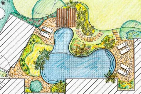 Landscape architect design backyard plan for villa Stock Photos