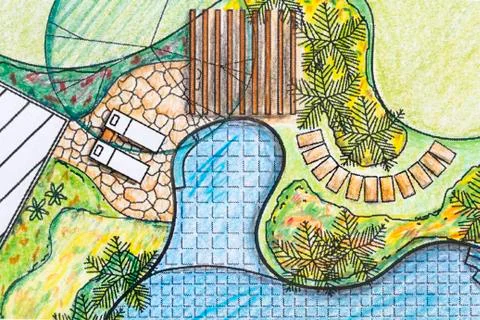 Landscape architect design backyard plan for villa Stock Photos