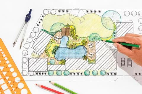 Landscape architect design backyard plan for villa Stock Photos