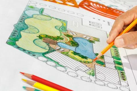 Landscape architect design backyard plan for villa Stock Photos