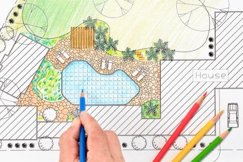Landscape architect design backyard plan for villa Stock Photos