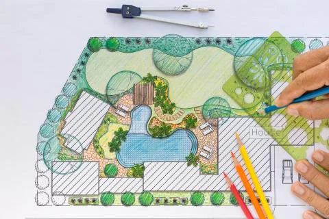 Landscape architect design backyard plan for villa Stock Photos