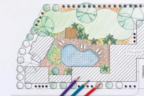 Landscape architect design backyard plan for villa Stock Photos