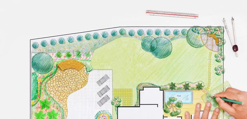 Landscape architect design backyard plan for villa Stock Photos