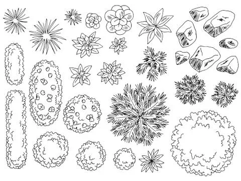 Landscape architect design element set graphic black white top sketch aerial vie Stock Illustration