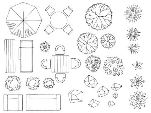 Landscape architect design element set graphic black white top sketch aerial vie Stock Illustration