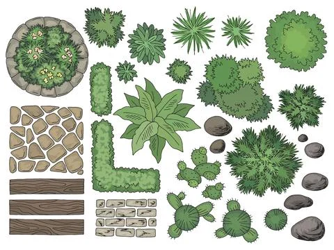 Landscape architect design element set color top sketch aerial view isolated ill Stock Illustration