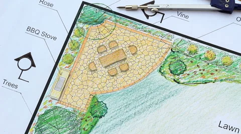 Landscape architect design L shape garden plan, panning right Stock Footage 59826829