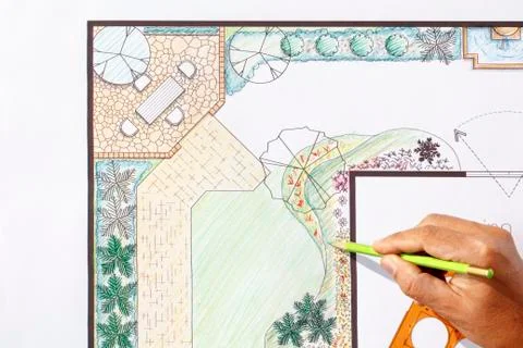 Landscape architect design l shape garden plan 스톡 사진