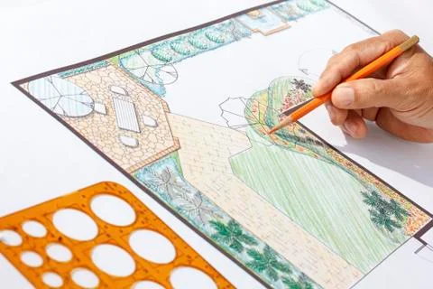 Landscape architect design l shape garden plan Stock Photos