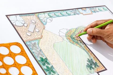 Landscape architect design l shape garden plan Stock Photos