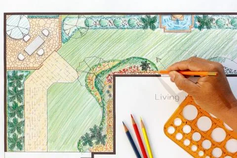 Landscape architect design l shape garden plan 库存照片