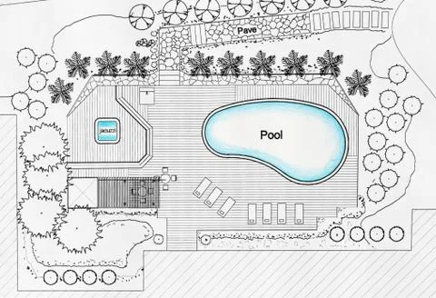 Landscape Architect Designs Backyard Plan with Pool For Luxury Villa. Stock Photos