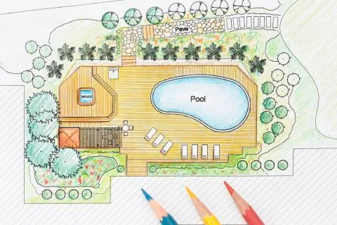 Landscape Architect Designs Backyard Plan with Pool For Luxury Villa. Foto stock