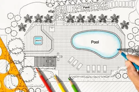 Landscape Architect Designs Backyard Plan with Pool For Luxury Villa. 스톡 사진