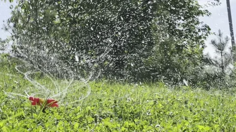 Landscape automatic garden watering system with rotating sprinklers installed. Stock-Footage 200787119