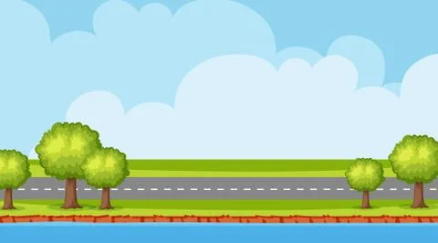 Landscape background design of empty road along river Illustrazione stock