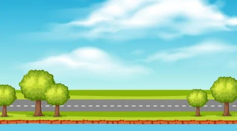 Landscape background design of empty road along river Illustrazione stock