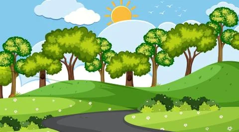 Landscape background design of park with empty road Stock Illustration
