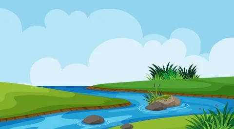 Landscape background design of river and grass Stock Illustration