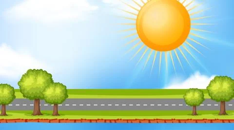Landscape background design with sun over empty road Illustrazione stock