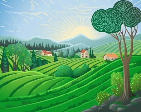 Landscape Background Hills Mountains Fields Trees Stock Illustration