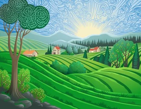 Landscape Background Hills Mountains Fields Trees Stock Illustration