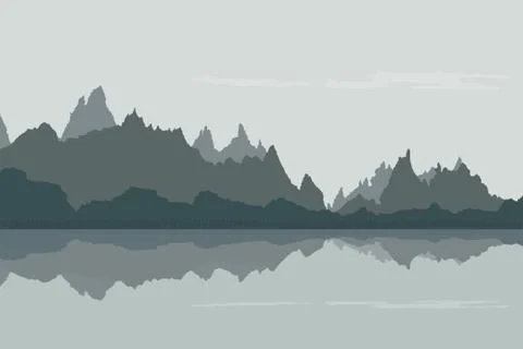 Landscape background of mountains with, forest and river Stock Illustration