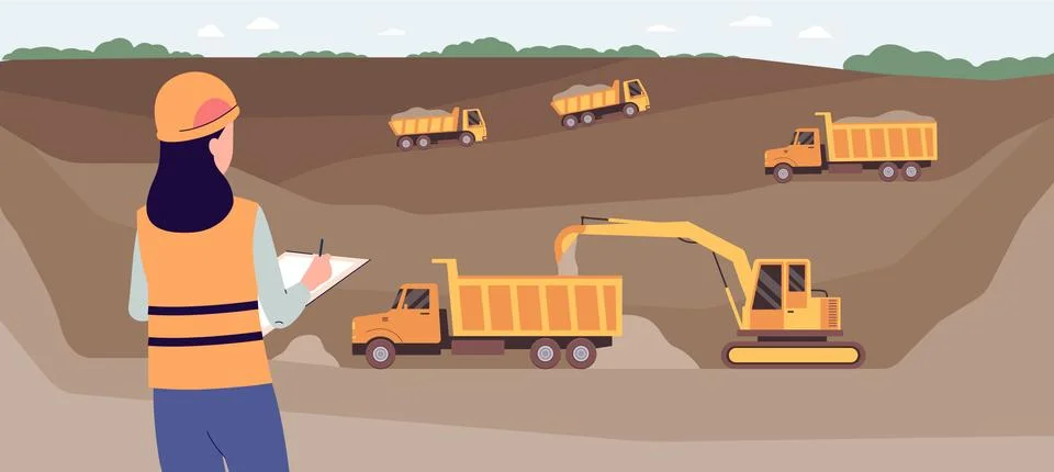 Landscape background with open pit mine and machinery flat vector illustration. Illustrazione stock