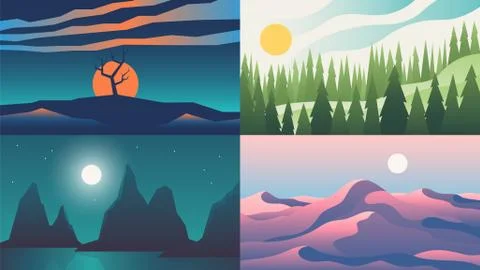 Landscape backgrounds. Flat night sunset sky with mountains on horizon, cartoon Stock Illustration